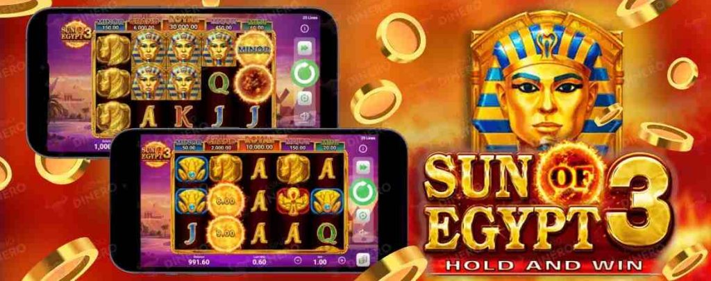 Снимок игрового автомата Sun of Egypt 3, украшенный египетскими иероглифами и сияющим золотым солнечным диском